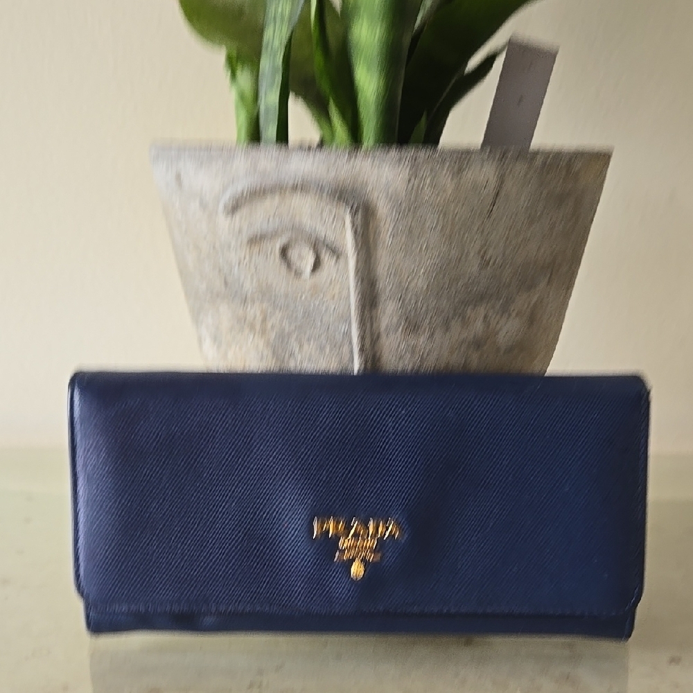Prada Dark Blue Wallet with Gold Logo